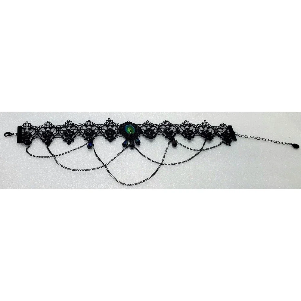 90s Floral Lace Choker Victorian Goth Style Faux Chains Black Vintage Revival